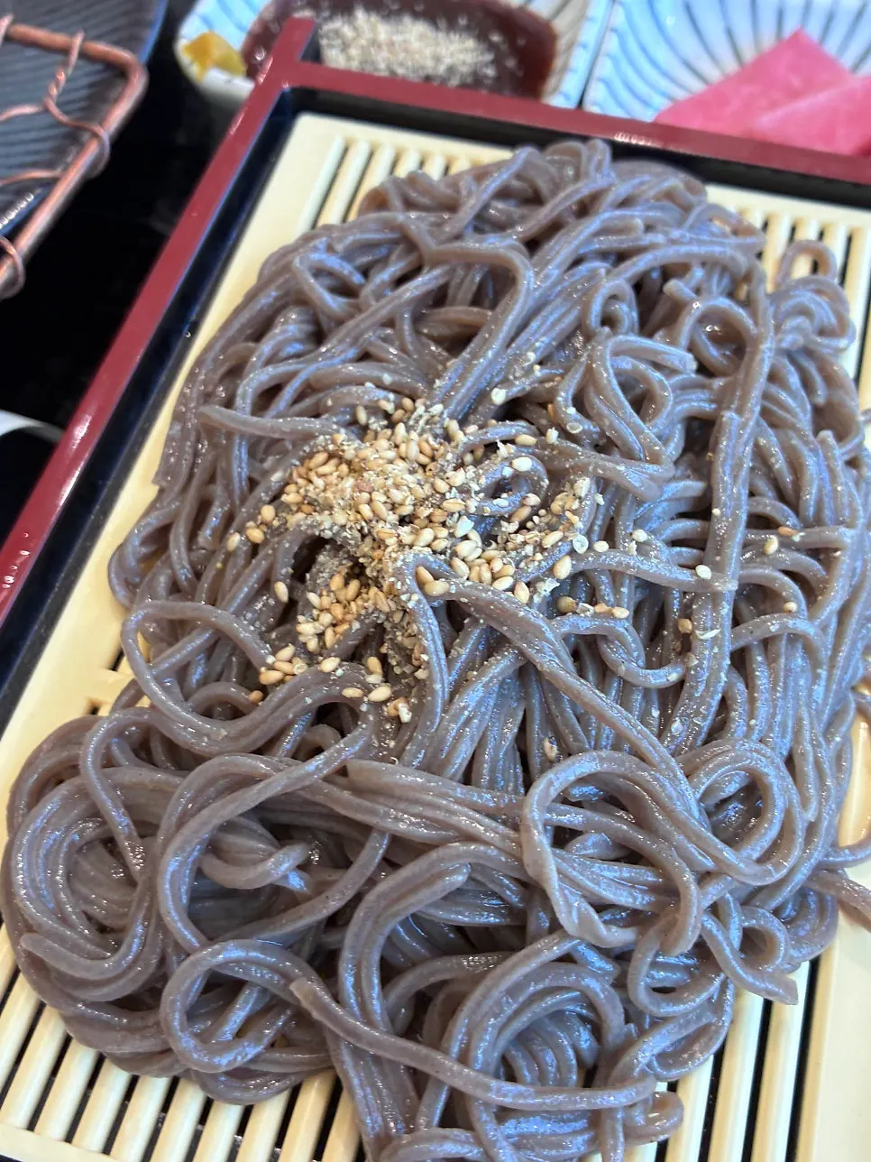 A full spread of zaru soba and tsuyu