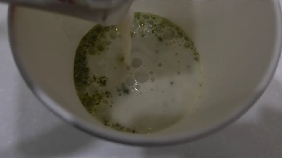 Jeju Matcha mixed into room-temperature oat milk